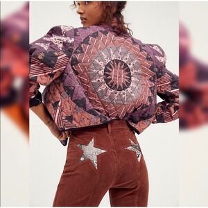 Free People Firecracker Flare Corduroy Pants Brown Paisley Star Patchwork 70s